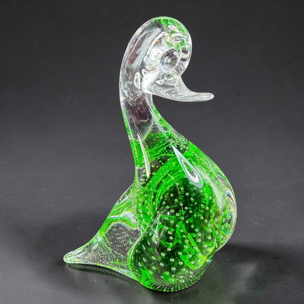 Murano Venetian Glass Duck‎ Figurine Green Bullicante Controlled Bubble 5 Inch